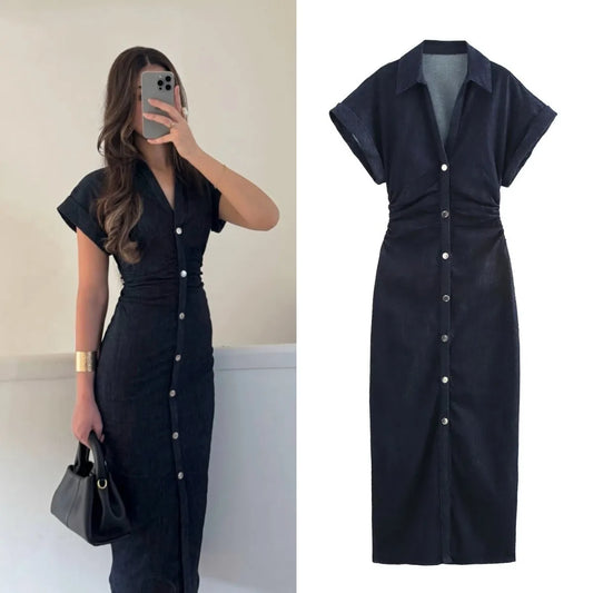 Elegant denim with lapel wrinkle waist dress