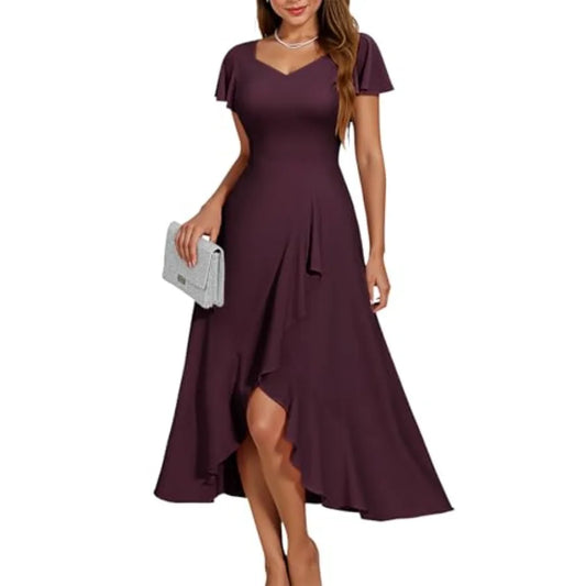 Burgundy V-Neck Hi-Lo Formal Dress