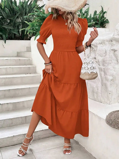 Olive Green Flowy Puff Sleeve Tiered Dress