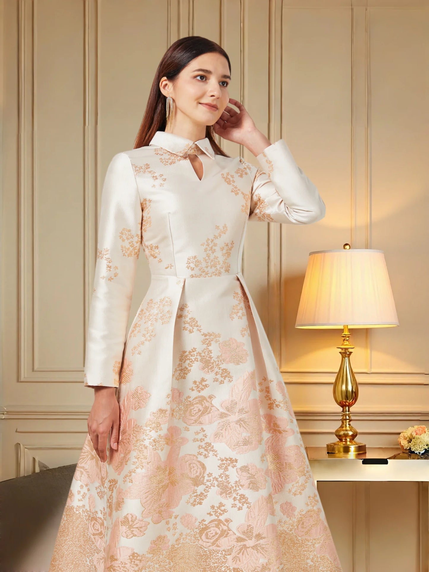 Champagne Pink Jacquard Mandarin Collar Lace-Up Flared Dress