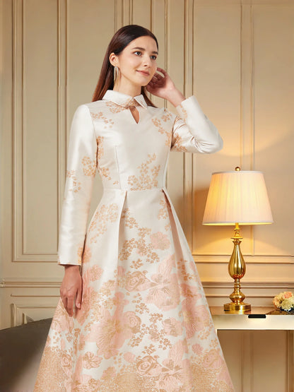 Champagne Pink Jacquard Mandarin Collar Lace-Up Flared Dress