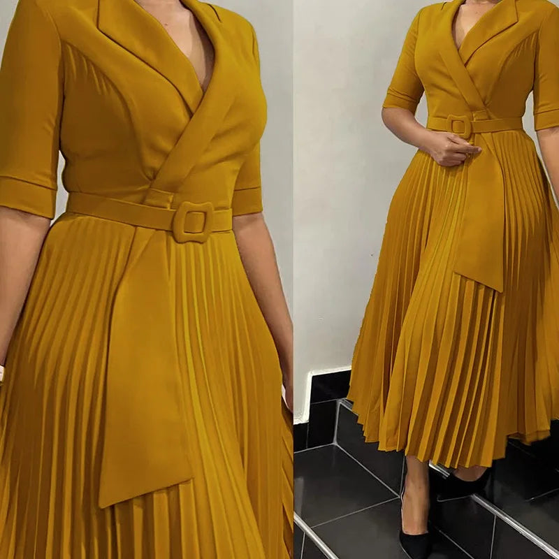Elegant Office Dress Half Sleeve Belted Midi