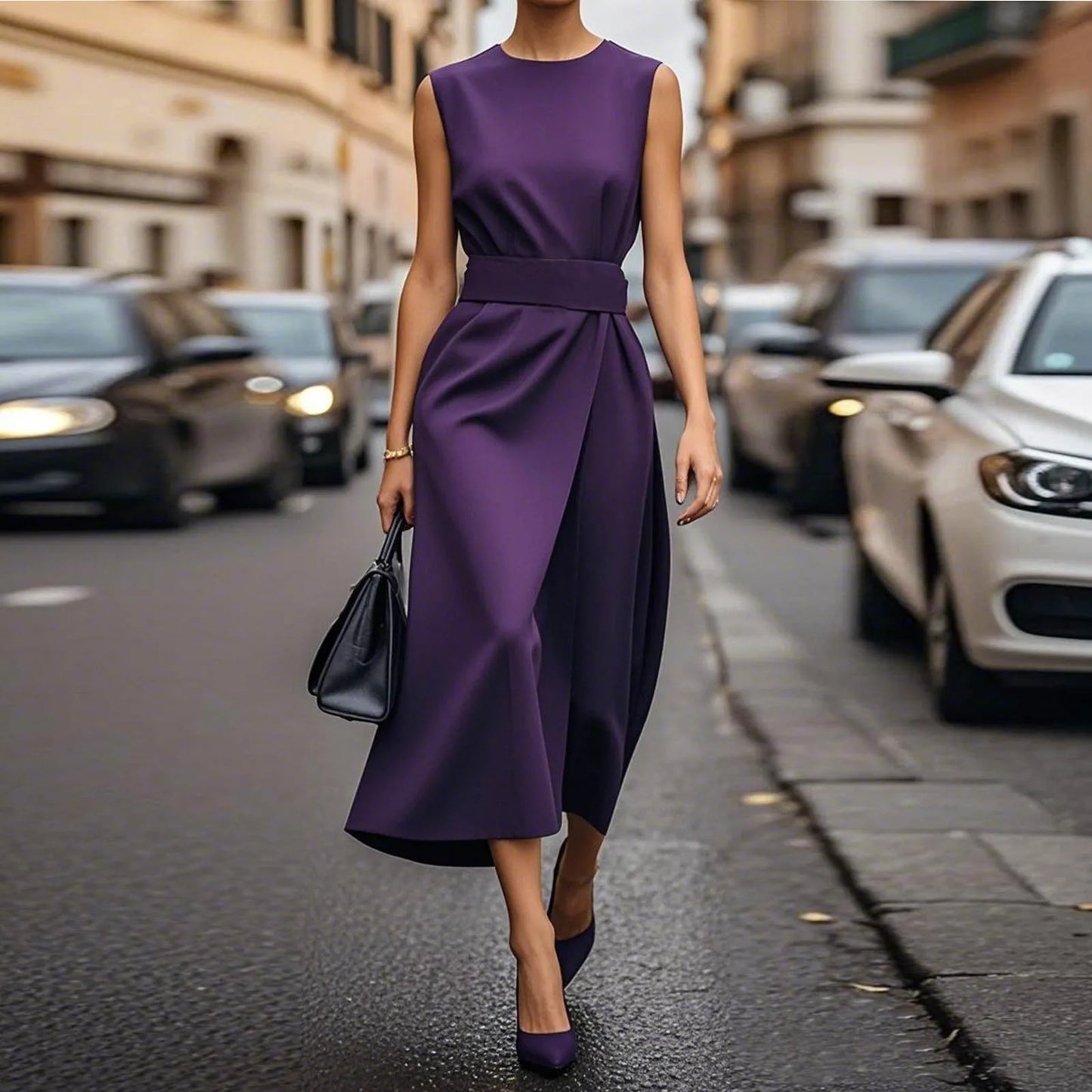 Casual Round Neck Sleeveless Dress With Belt