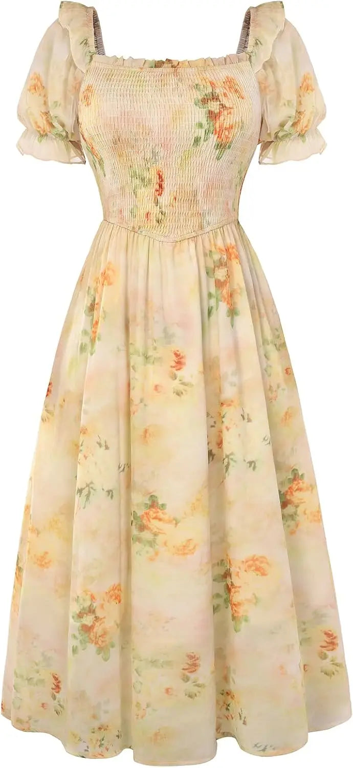 Floral Puff Sleeve A-Line Summer Dress