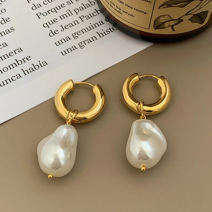 Pearl Earrings Gold Color Round Ear clip Dangle