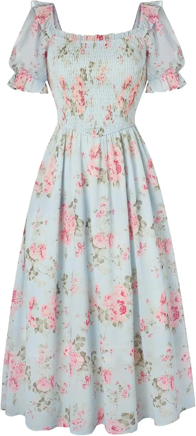 Floral Puff Sleeve A-Line Summer Dress