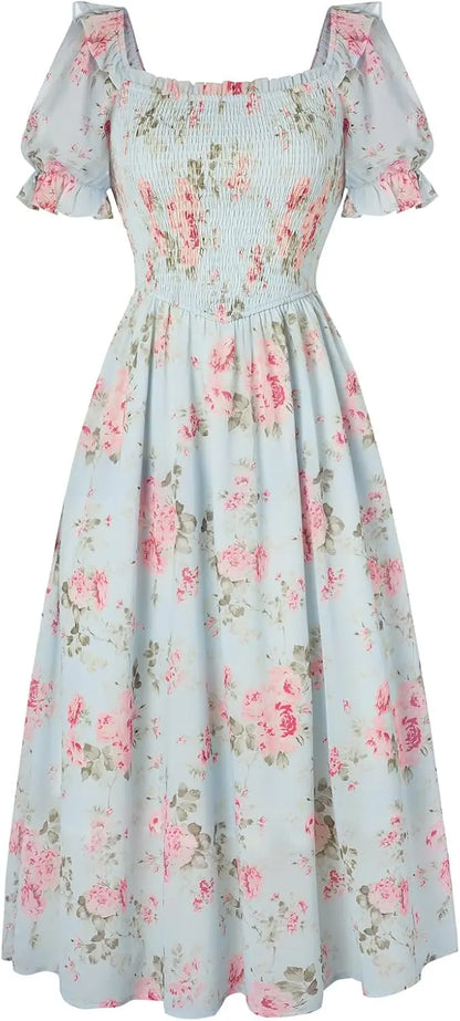 Floral Puff Sleeve A-Line Summer Dress