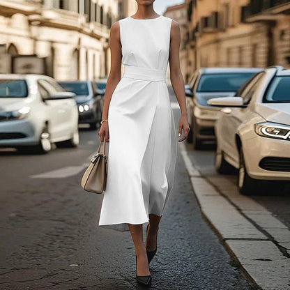 Casual Round Neck Sleeveless Dress With Belt