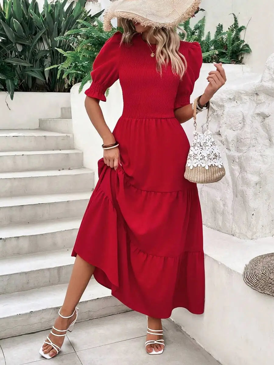 Olive Green Flowy Puff Sleeve Tiered Dress