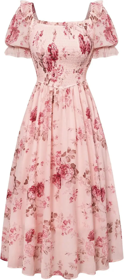 Floral Puff Sleeve A-Line Summer Dress