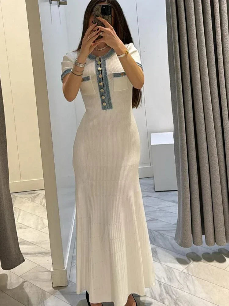 Elegant V-Neck Knitted Long Dress Office