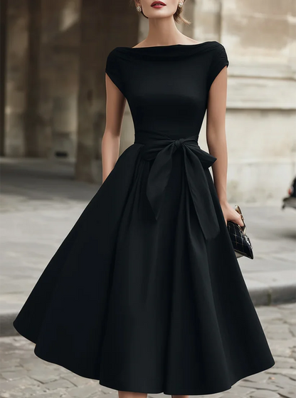 Black Off Shoulder Bow Waist Midi Dress