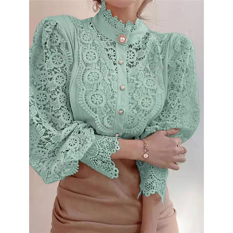 French Style Women Office Blouse  Lace Stand Collar