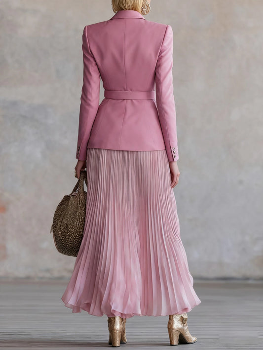 Women Pink Blazer Belted Pleated Midi Skirt Set