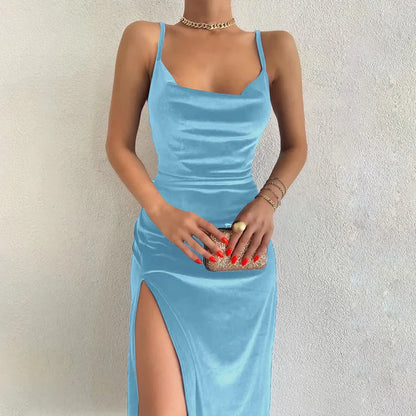 Elegant Velvet Slit Midi Dress, Evening Party