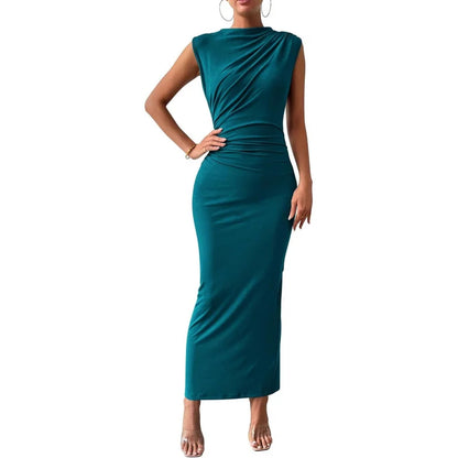 Womens Ruched Sleeveless Slit Bodycon Midi Dress