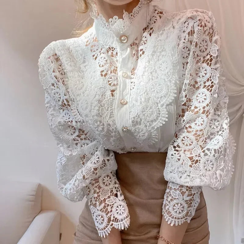 French Style Women Office Blouse  Lace Stand Collar