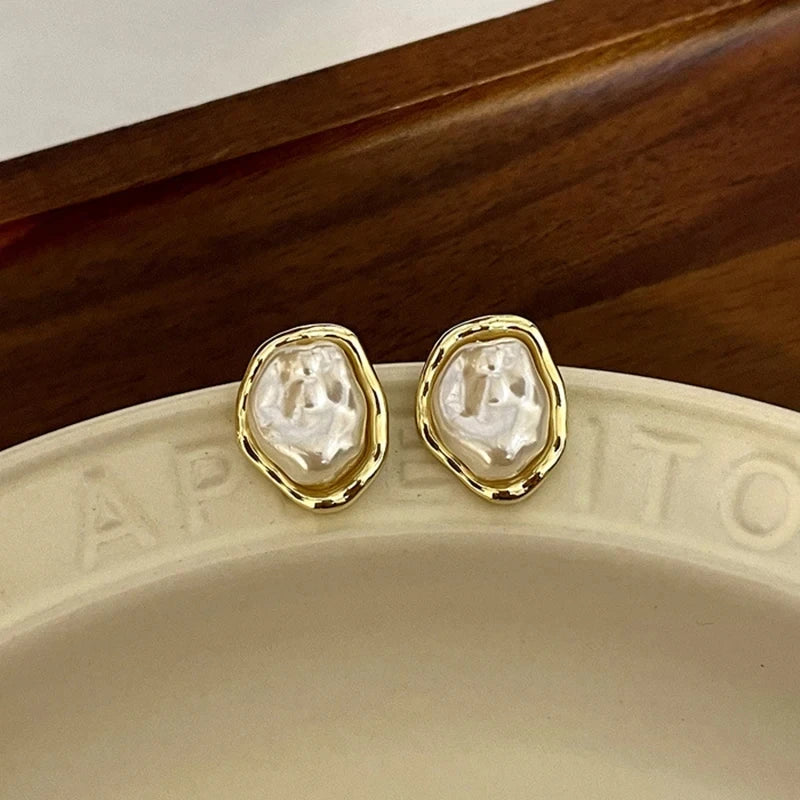 Pearl Earrings Gold Color Round Ear clip Dangle