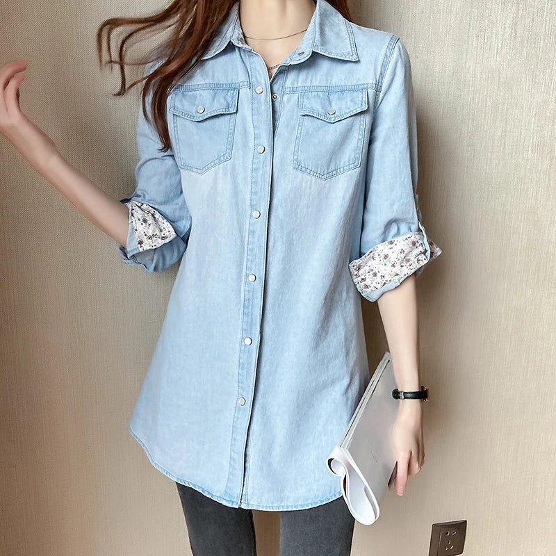 Women's Loose Denim Shirt, Long Sleeves, Long Length