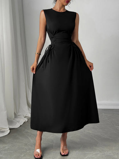 Womens Black Round Neck Bow Detail Flare Midi Dress