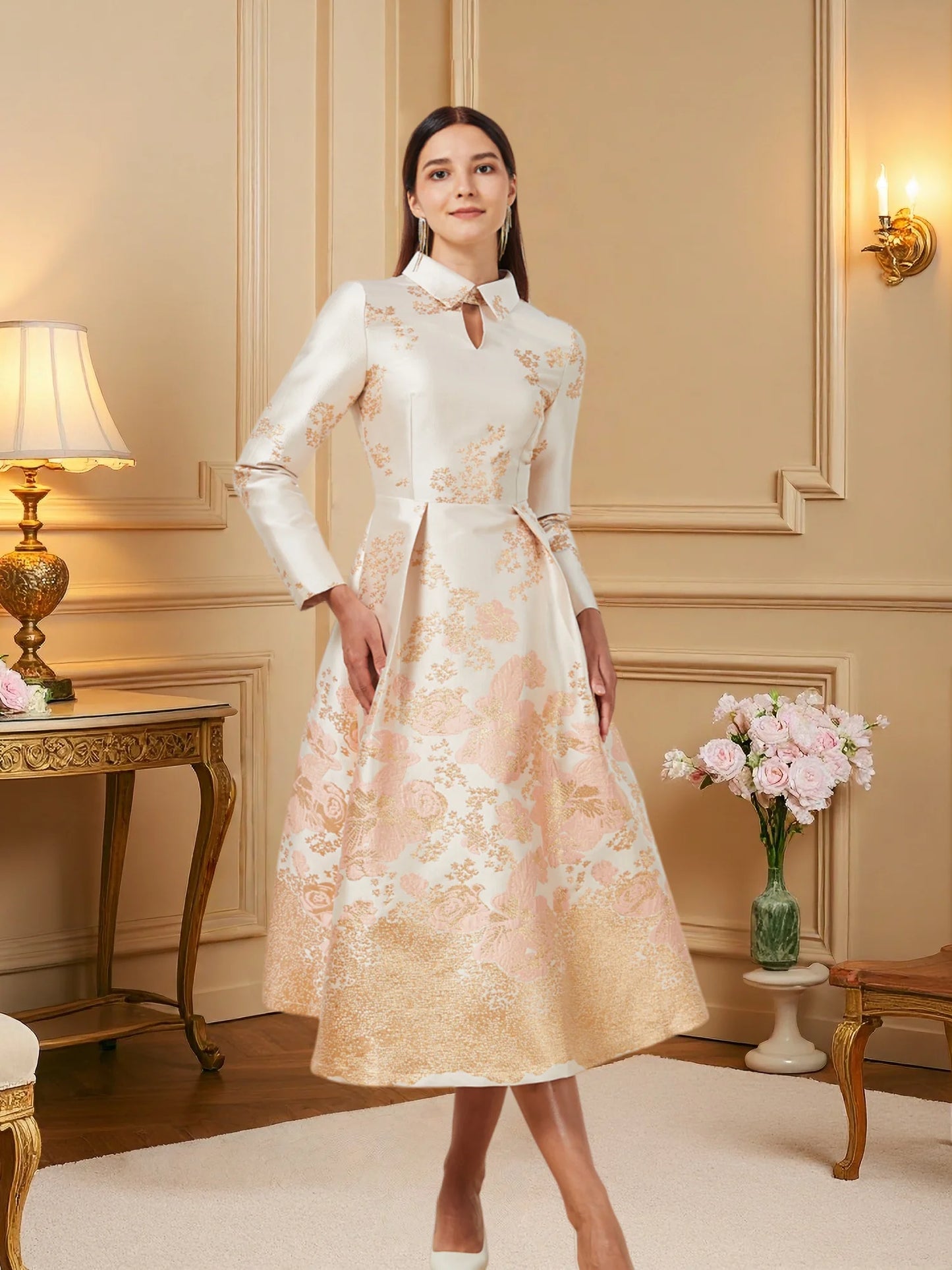 Champagne Pink Jacquard Mandarin Collar Lace-Up Flared Dress