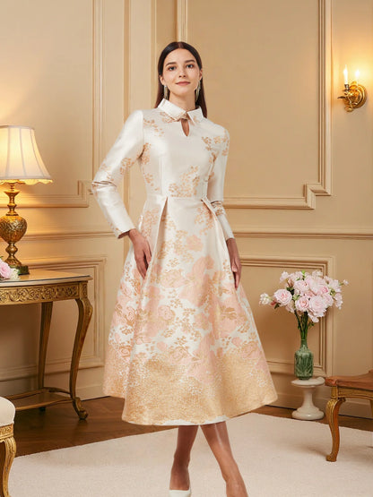 Champagne Pink Jacquard Mandarin Collar Lace-Up Flared Dress