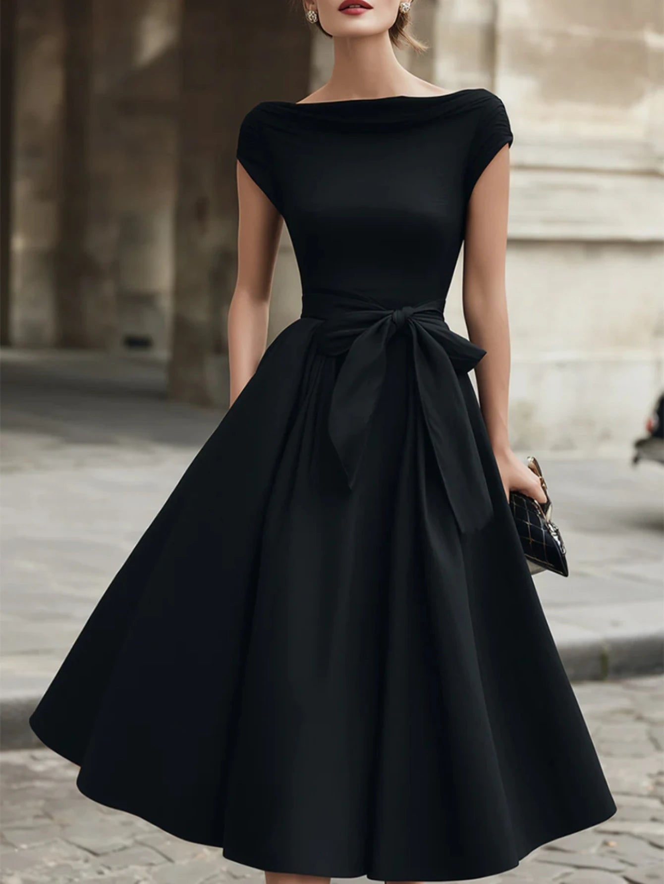 Black Off Shoulder Bow Waist Midi Dress