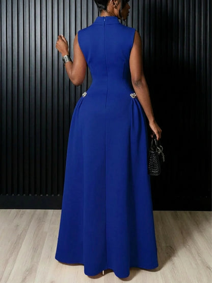 Red High Neck Flared Maxi Formal Dress