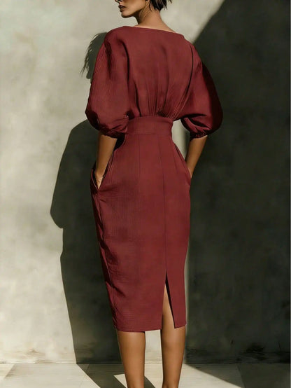 Elegant Red Midi Dress with Side Pockets
