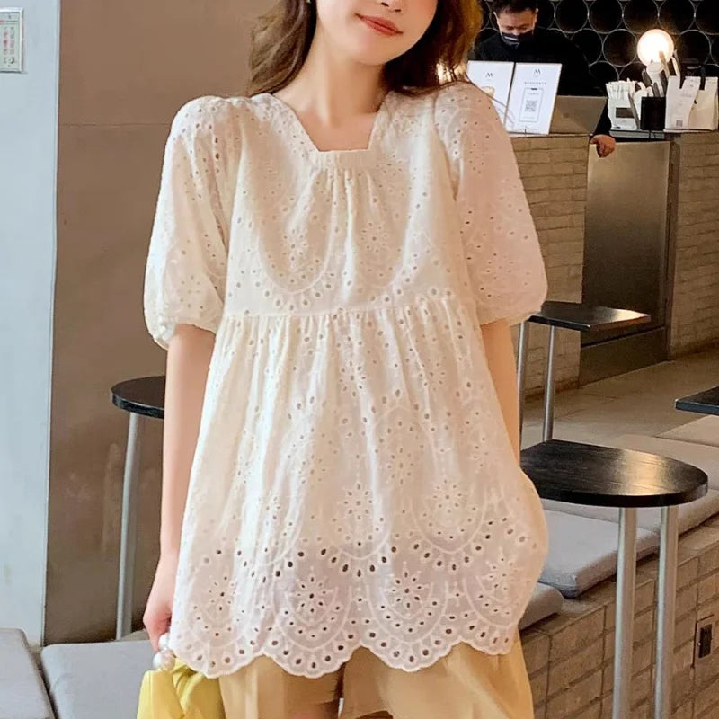 Embroidery Casual Loose Shirts Puff Sleeve Blouse