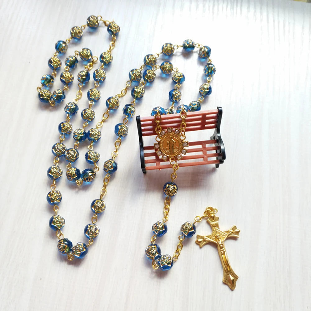 Blue Rose Beads St Benedict Medal Rosary Necklace