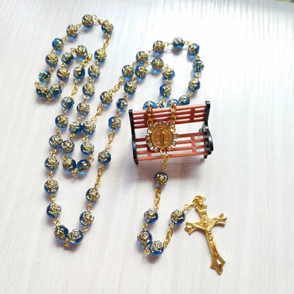 Blue Rose Beads St Benedict Medal Rosary Necklace