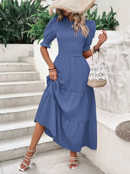 Olive Green Flowy Puff Sleeve Tiered Dress