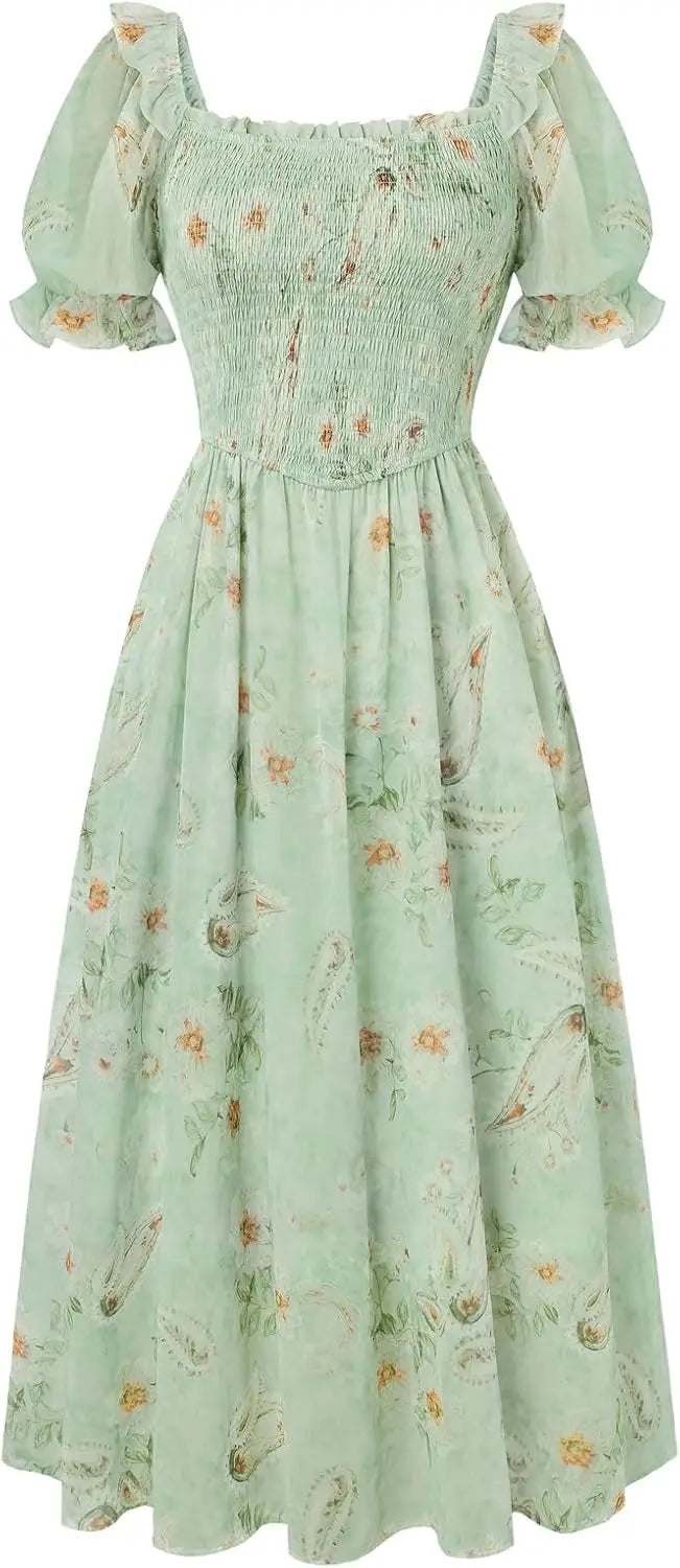 Floral Puff Sleeve A-Line Summer Dress