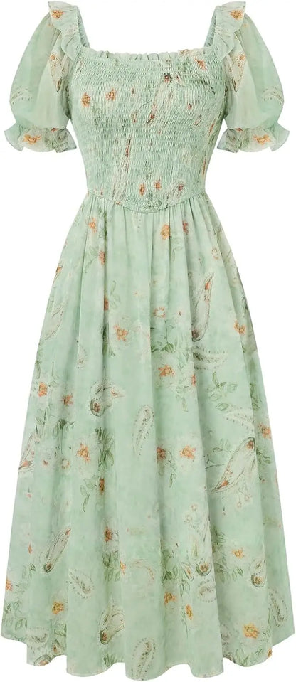 Floral Puff Sleeve A-Line Summer Dress