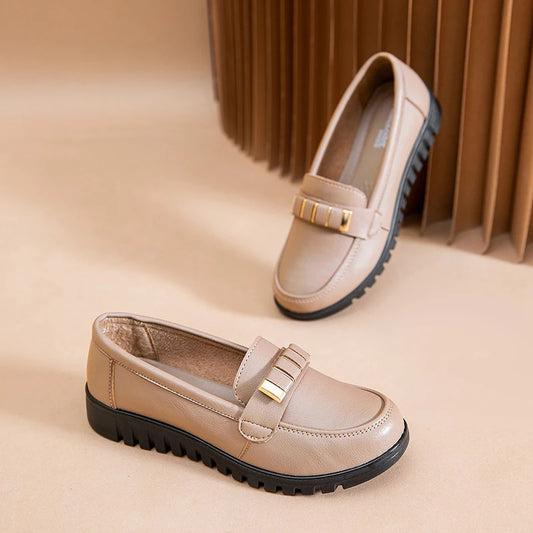 Ballet Flats Shoes -  Slip-On,  Leather Upper,  PU Sole, Comfortable