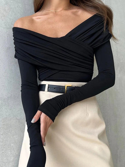 Front Cross V-Neck Long Sleeve Off Shoulder Shirts