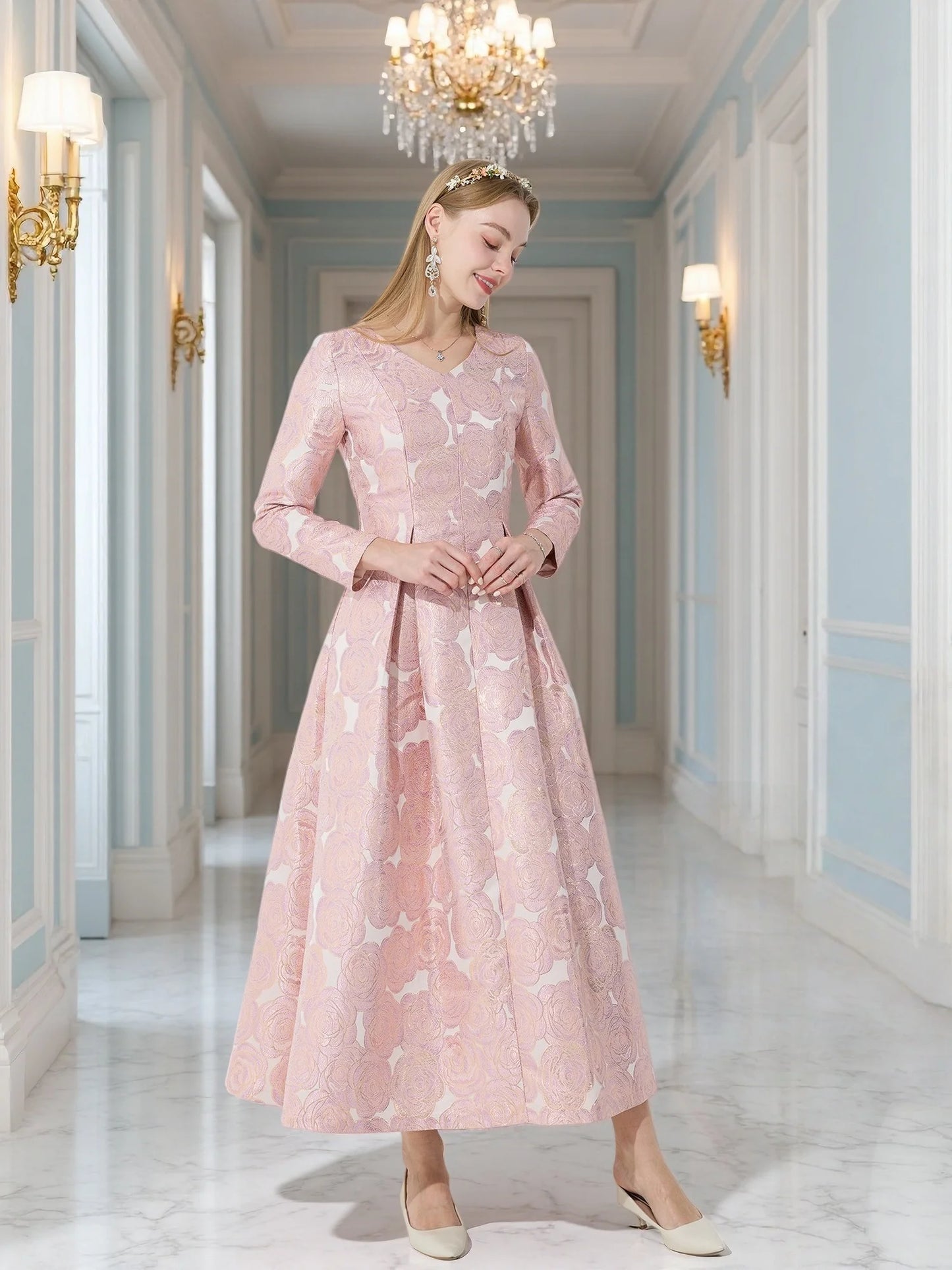 Elegant Pink Rose-Pattern Design Long Sleeve Midi Dress