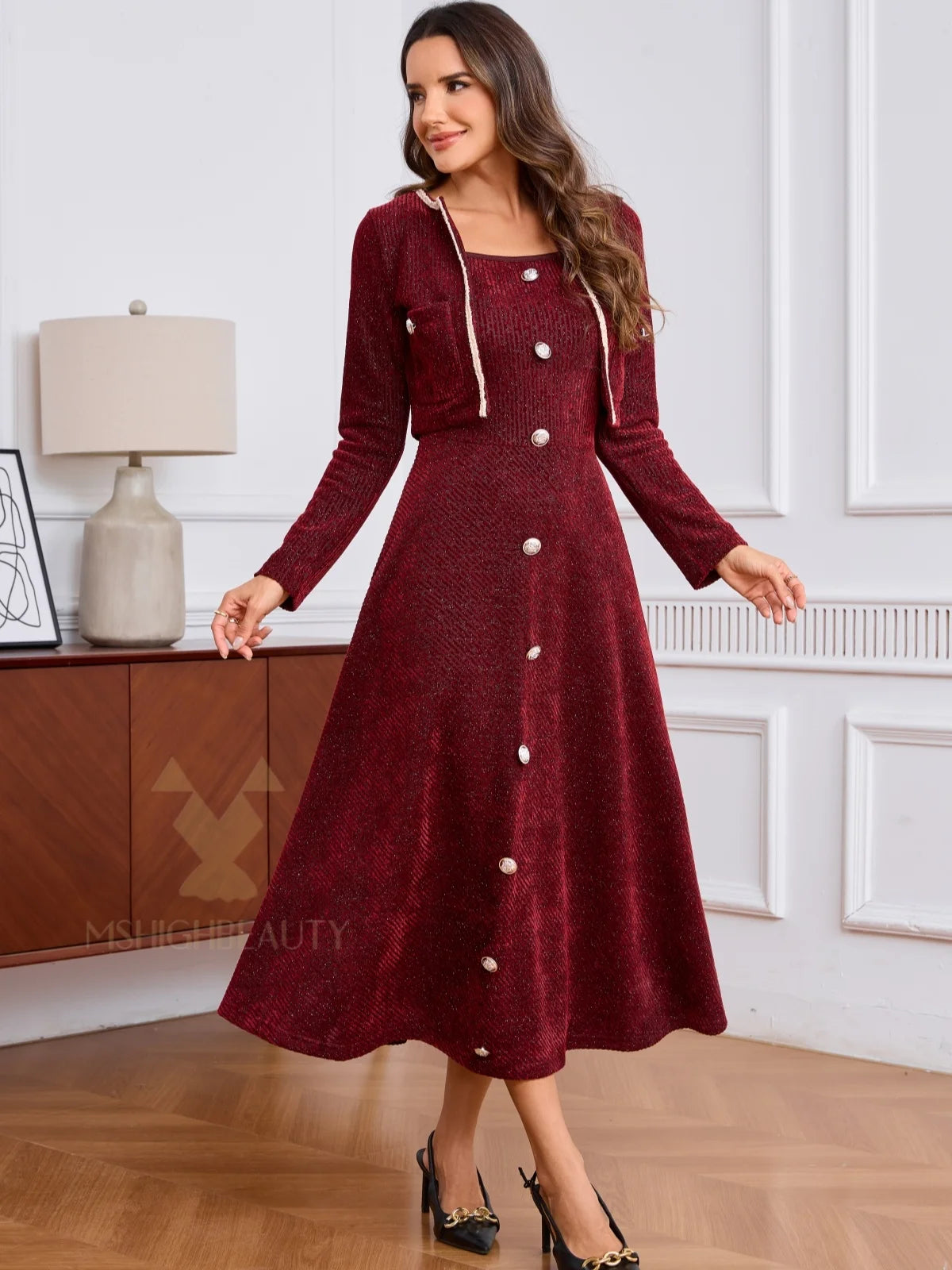Burgundy Button-Front A-Line Knit Midi Dress