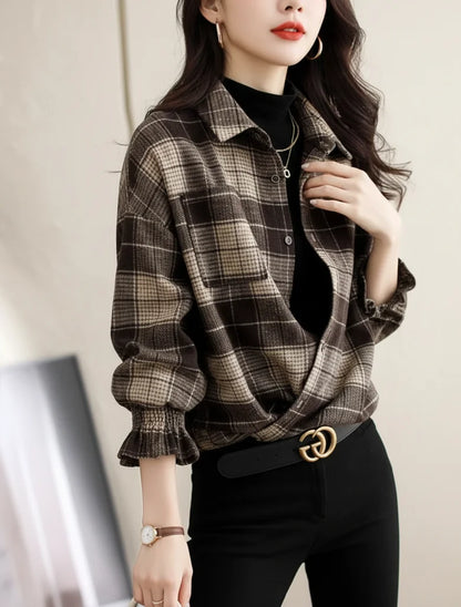 Women Brown Plaid Lapel Button Front Blouse
