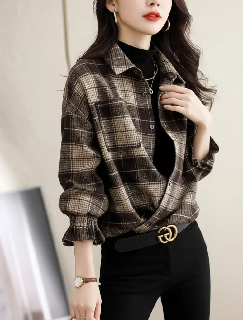 Women Brown Plaid Lapel Button Front Blouse