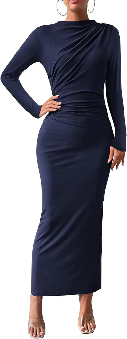 Elegant Ruched Long Sleeve Maxi Dress