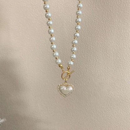 Elegant Pearl Necklace Heart Pendant  Imitation Pearls