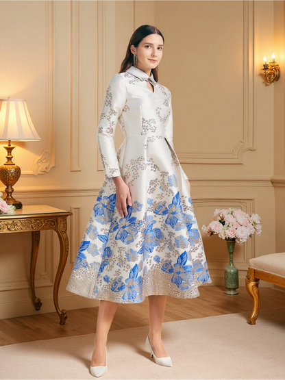 Champagne Pink Jacquard Mandarin Collar Lace-Up Flared Dress