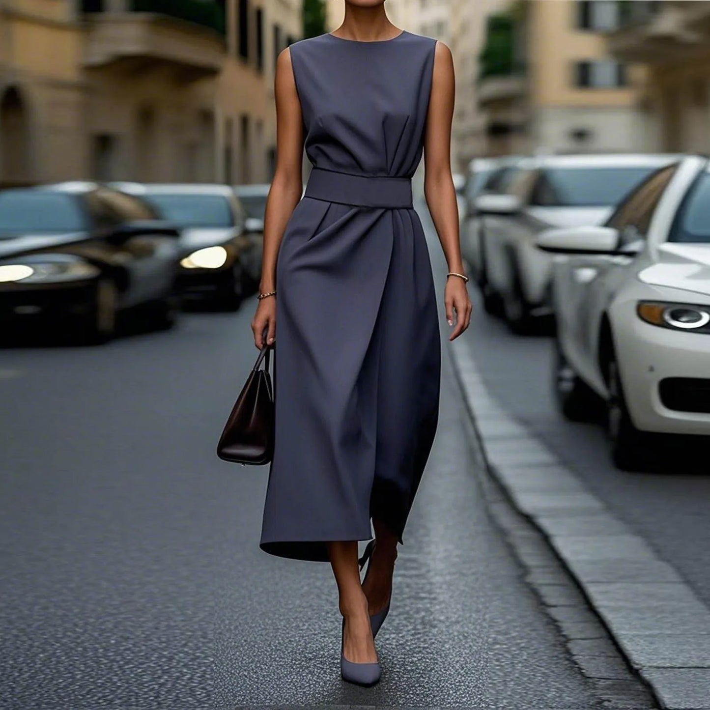 Casual Round Neck Sleeveless Dress With Belt