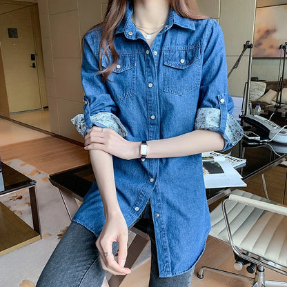 Women's Loose Denim Shirt, Long Sleeves, Long Length