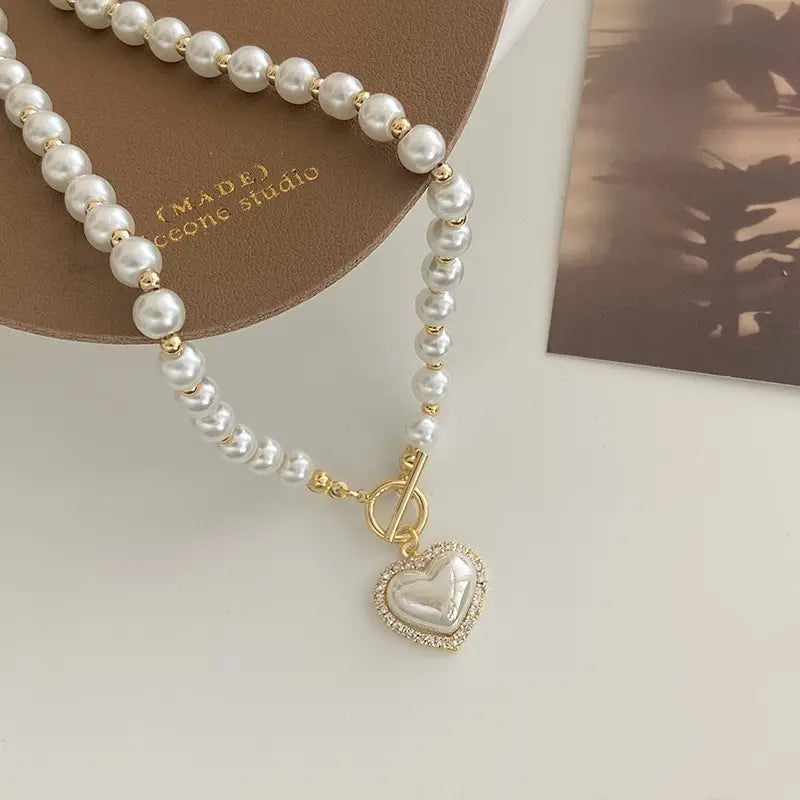 Elegant Pearl Necklace Heart Pendant  Imitation Pearls