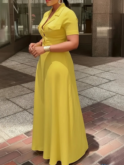 Yellow Lapel Collar Button Maxi Dress With Pockets