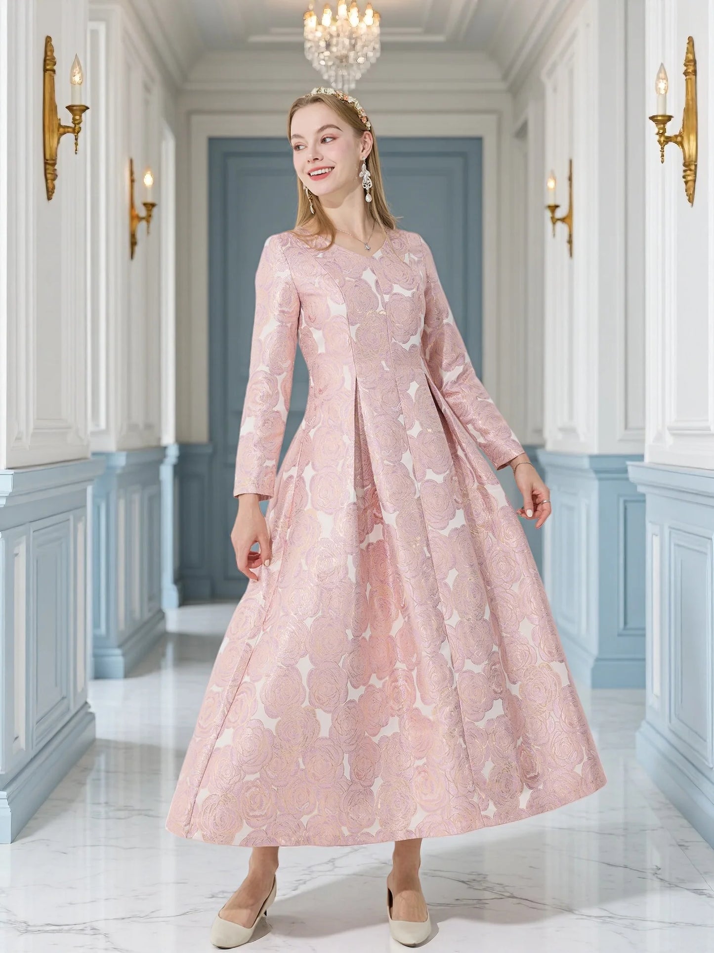 Elegant Pink Rose-Pattern Design Long Sleeve Midi Dress