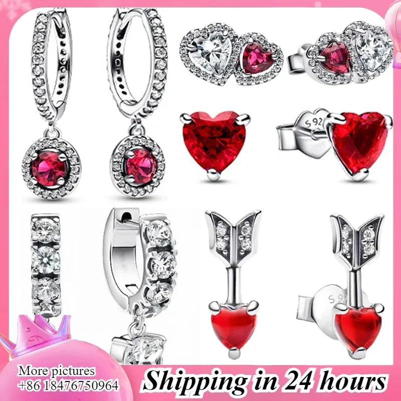 Square CZ Earrings, Red CZ, Sterling Silver, dangle